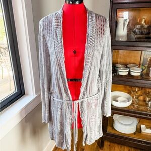 Coldwater Creek Gray Open Knit Linen Blend Cardigan Sweater XL Belted